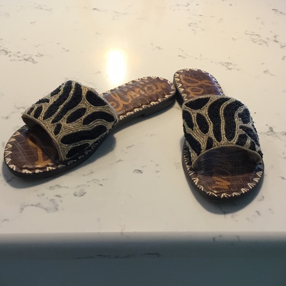Sam Edelman Black and Gold Beaded Slide Sandals